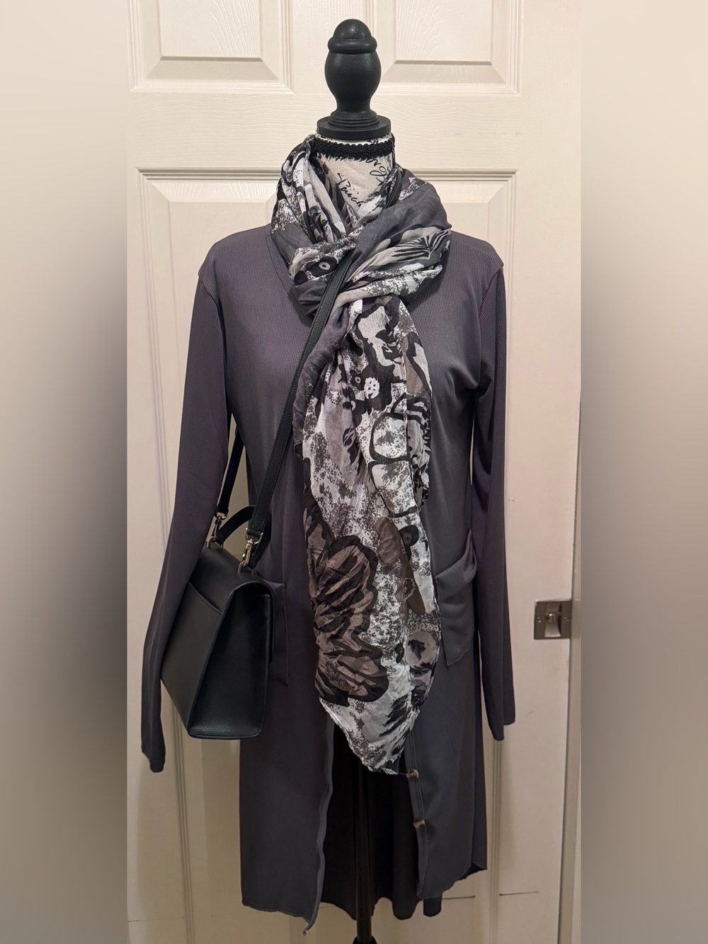 Long Button-Front Women's Dress in Charcoal Gray
